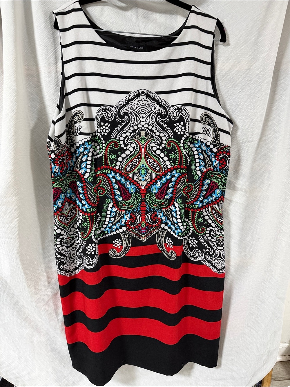 Voir Voir Black White Red Multicolor Striped & Paisley Print Dress